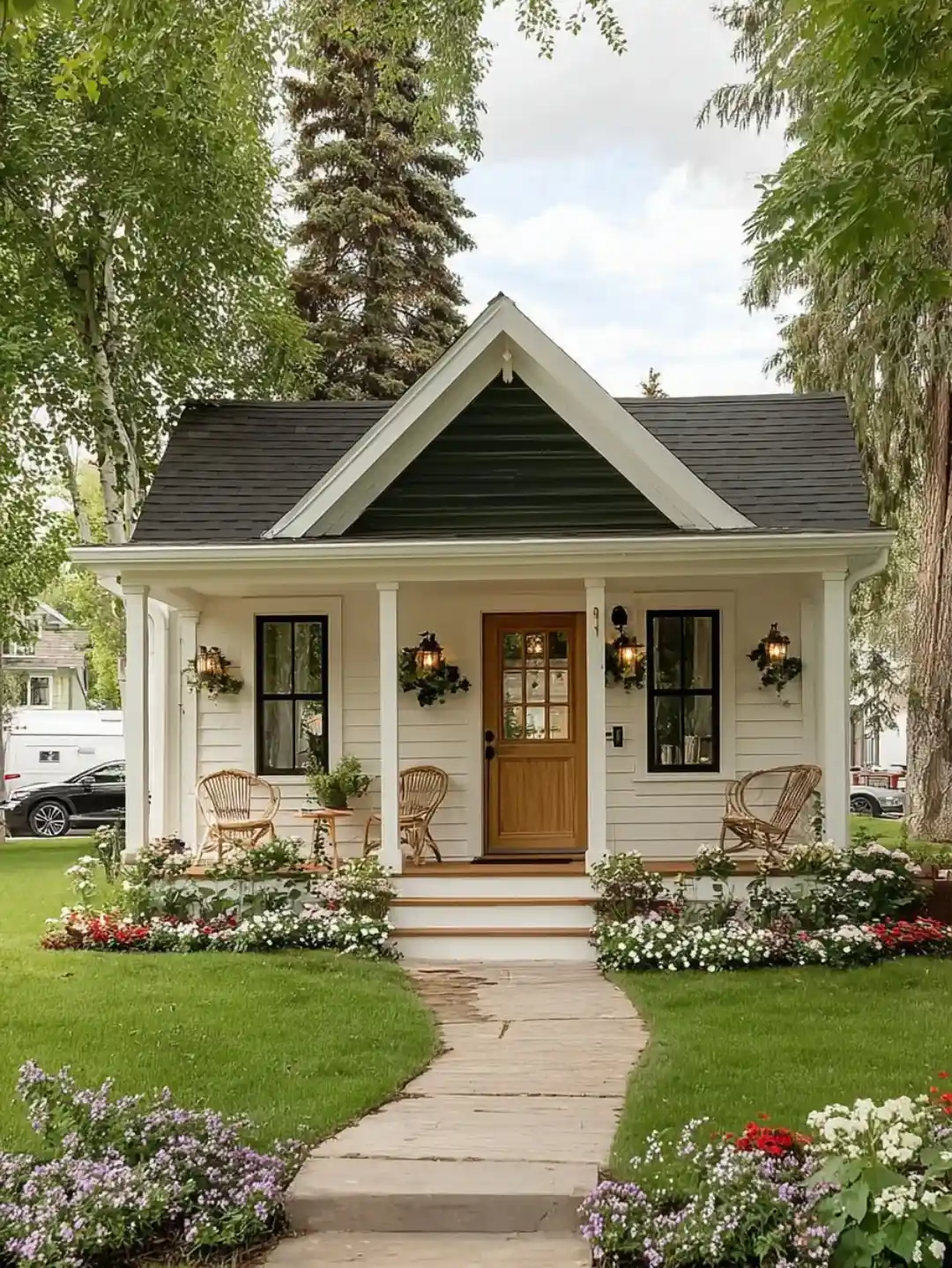 8. Symmetrical Tiny Cottage with Dark Gable and Garden Path