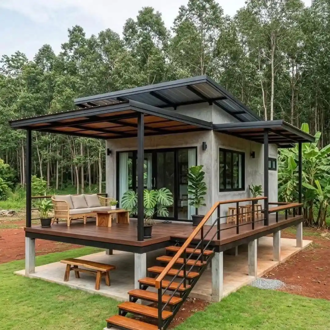 14. Concrete Cabin on Stilts With a Wraparound Timber Deck