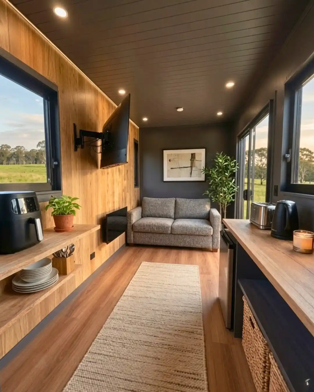 9. Charcoal Ceiling and Honey Wood Panels in a Narrow Micro Home
