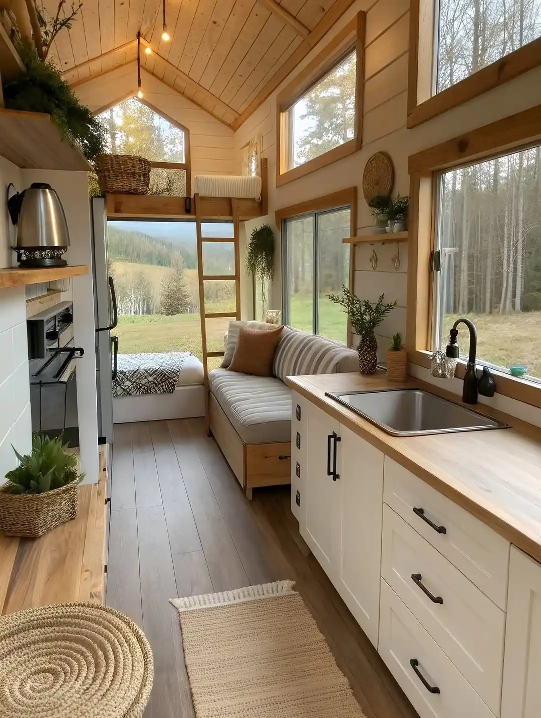 7. Pine Cabin Galley With a Daybed Under the Loft