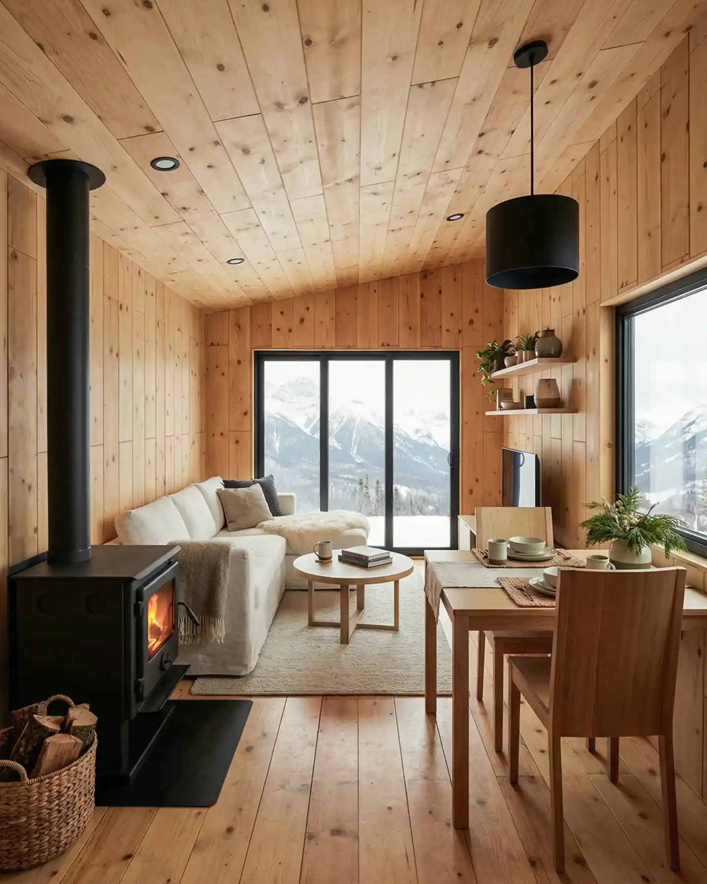8. All Pine Cabin Interior With a Black Wood Stove