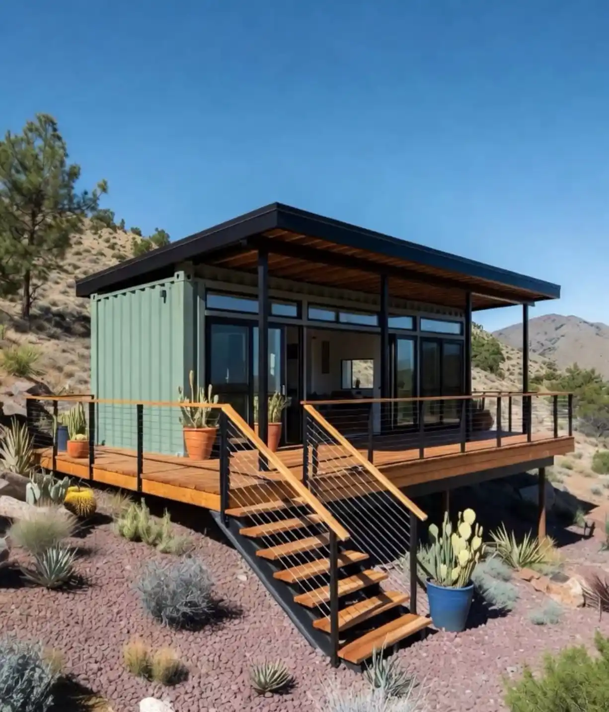 7. Green Container Home in a Desert Landscape