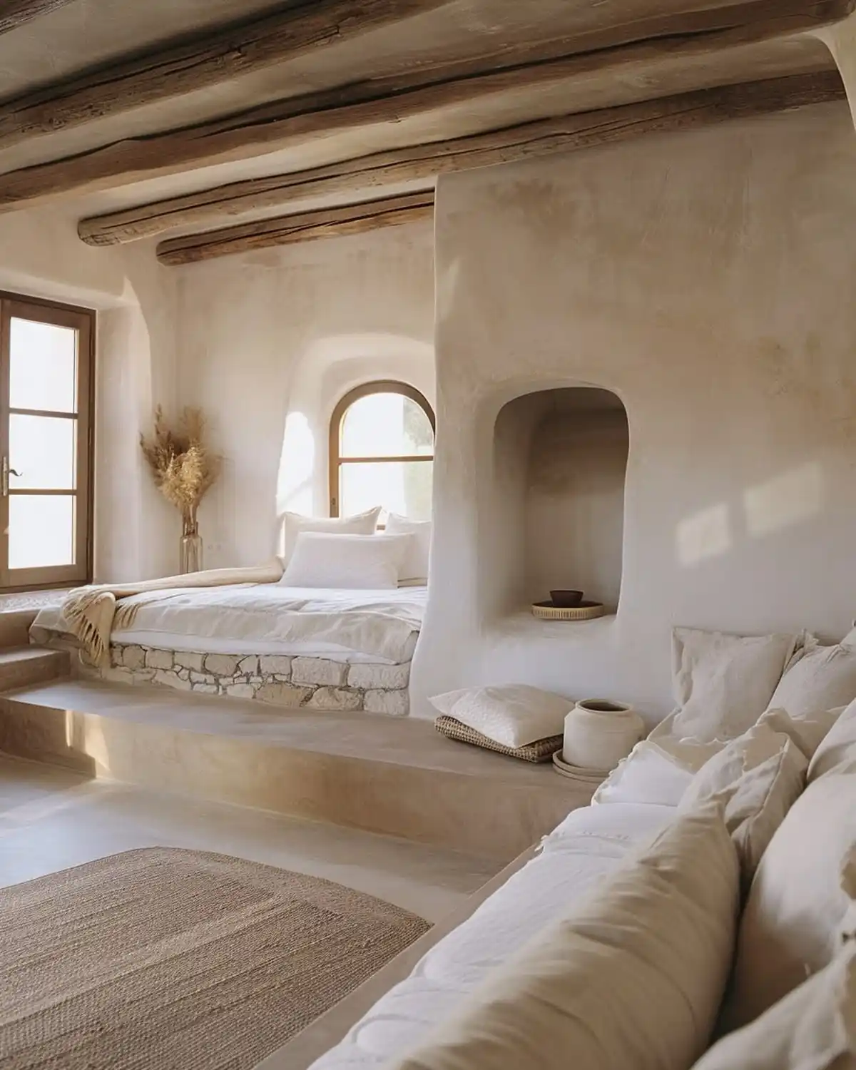 9. Natural Plaster Walls with Raised Stone Bed
