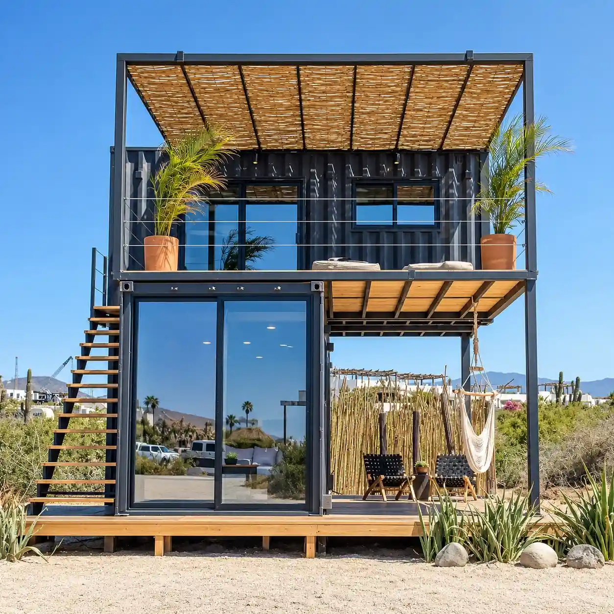 16. Desert Container Home with a Woven Reed Roof