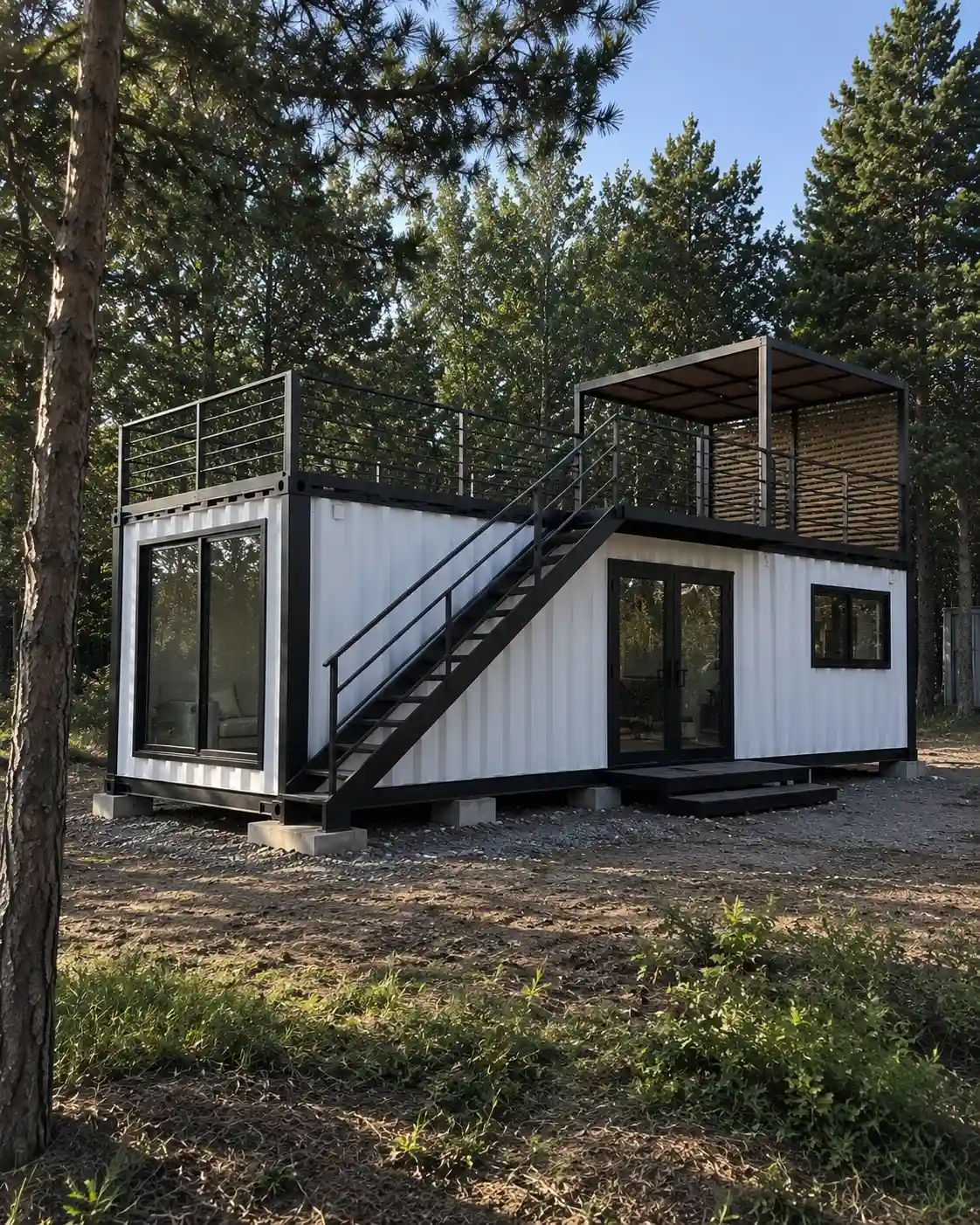 8. White Container House with a Rooftop Deck