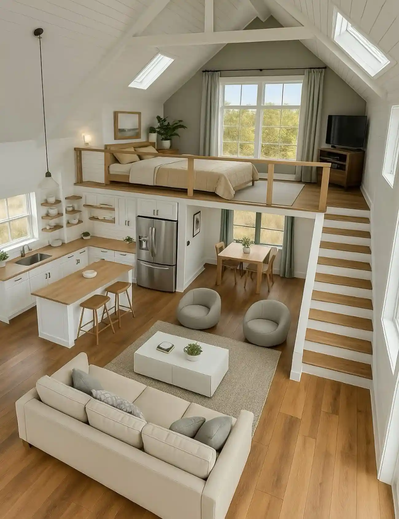 15 Tiny House Ideas for Couples Who Live Small Full-Time 12 11. Open Plan Living Under a Bedroom Loft