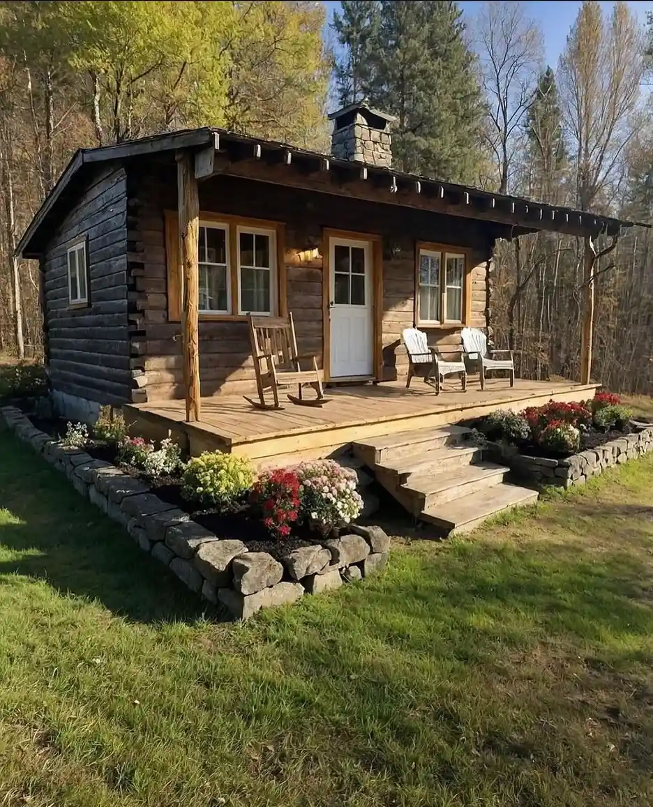 2. Dark Log Cabin with a Wide Wood Deck