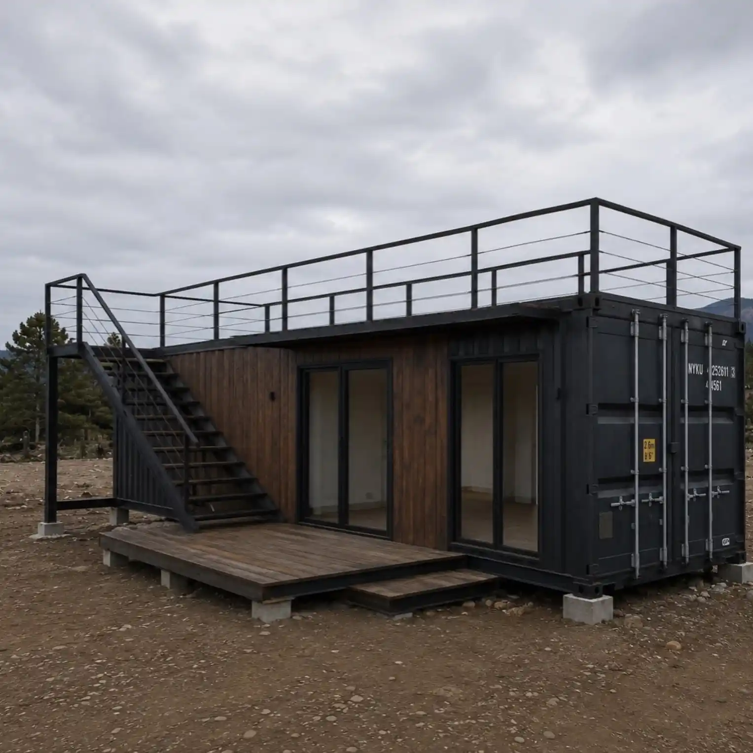14. Dark Container Cabin with a Roof Terrace