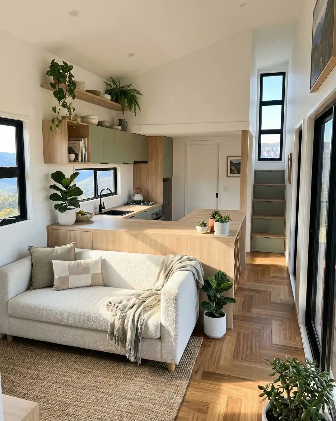 3. Sage Green Cabinets and Light Oak With a Boucle Sofa