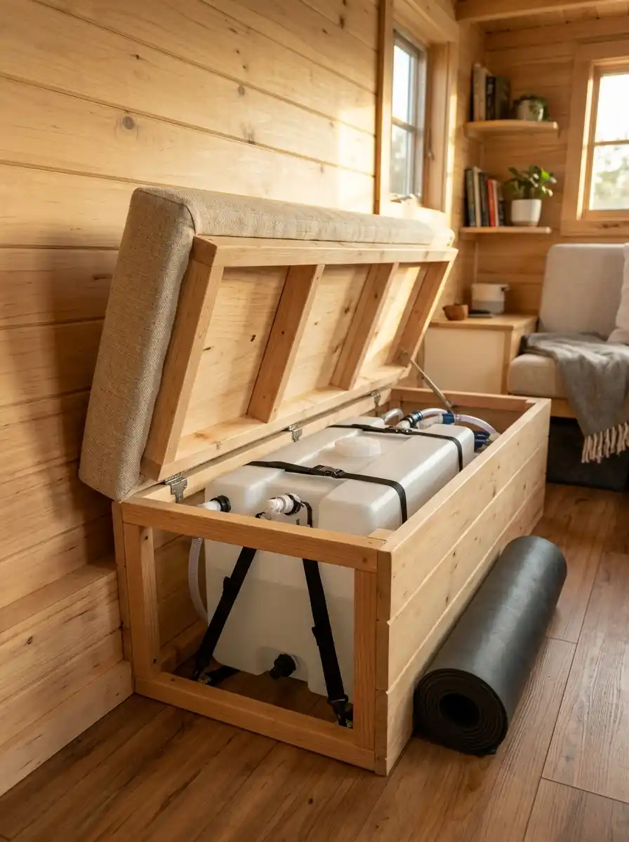 Set the freshwater tank low, level and inside the heated floor space