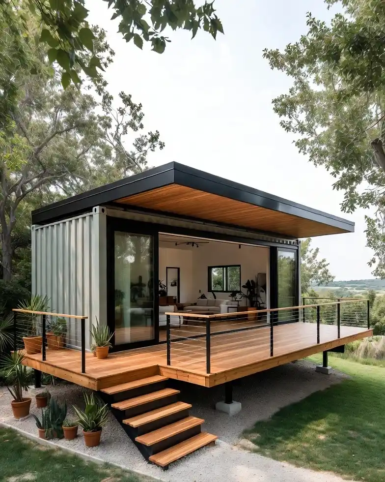 2. Sage Green Container Home with a Wraparound Deck