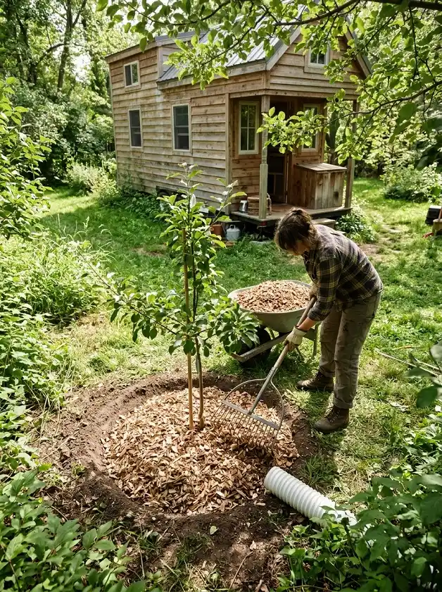 Slope the greywater drain ¼ inch per foot toward an outdoor mulch basin