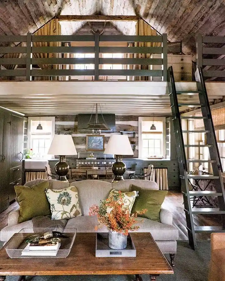 15. Weathered Log Walls and a Gray Green Loft