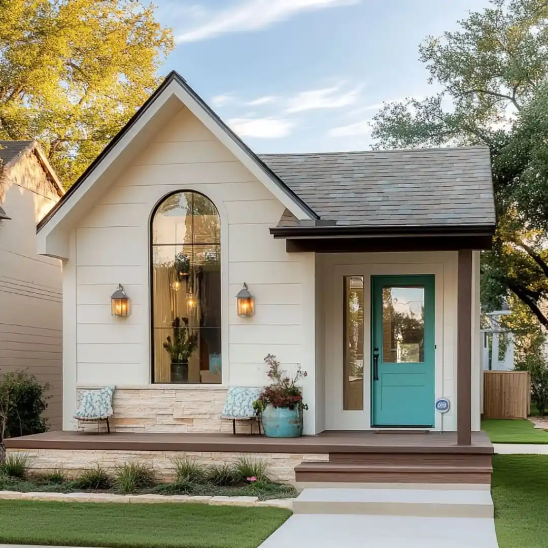 15. Cream Tiny House with Arched Window and Teal Front Door