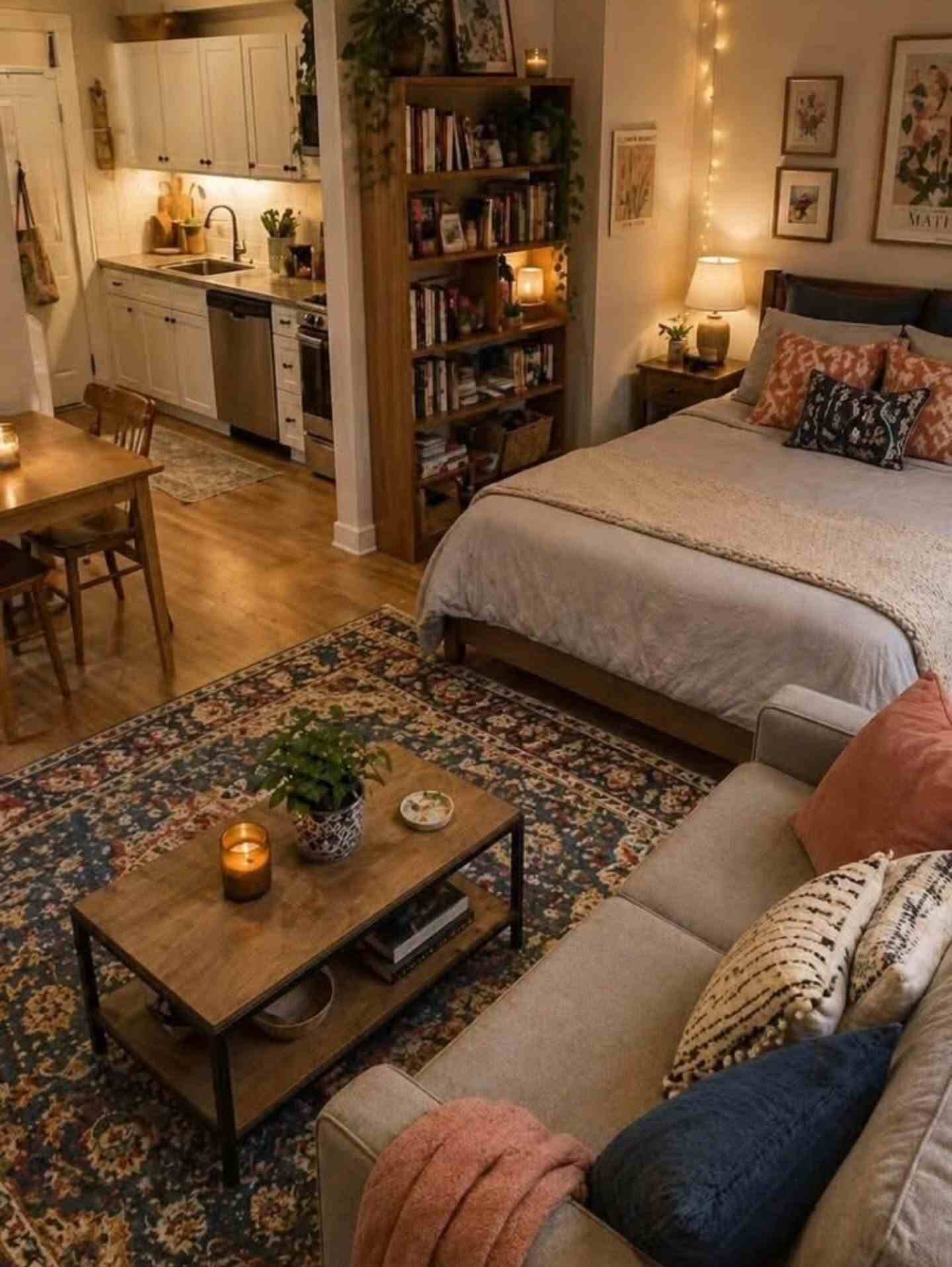 15 Tiny House Decor Ideas That Make Small Spaces Look Stylish 3 2. Studio Layout With a Bookshelf Divider