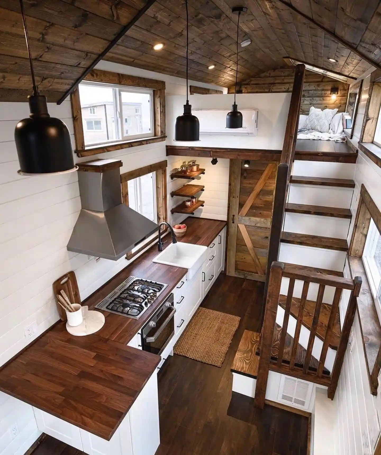 15 Tiny House Decor Ideas That Make Small Spaces Look Stylish 2 1. Walnut and White Shiplap Kitchen