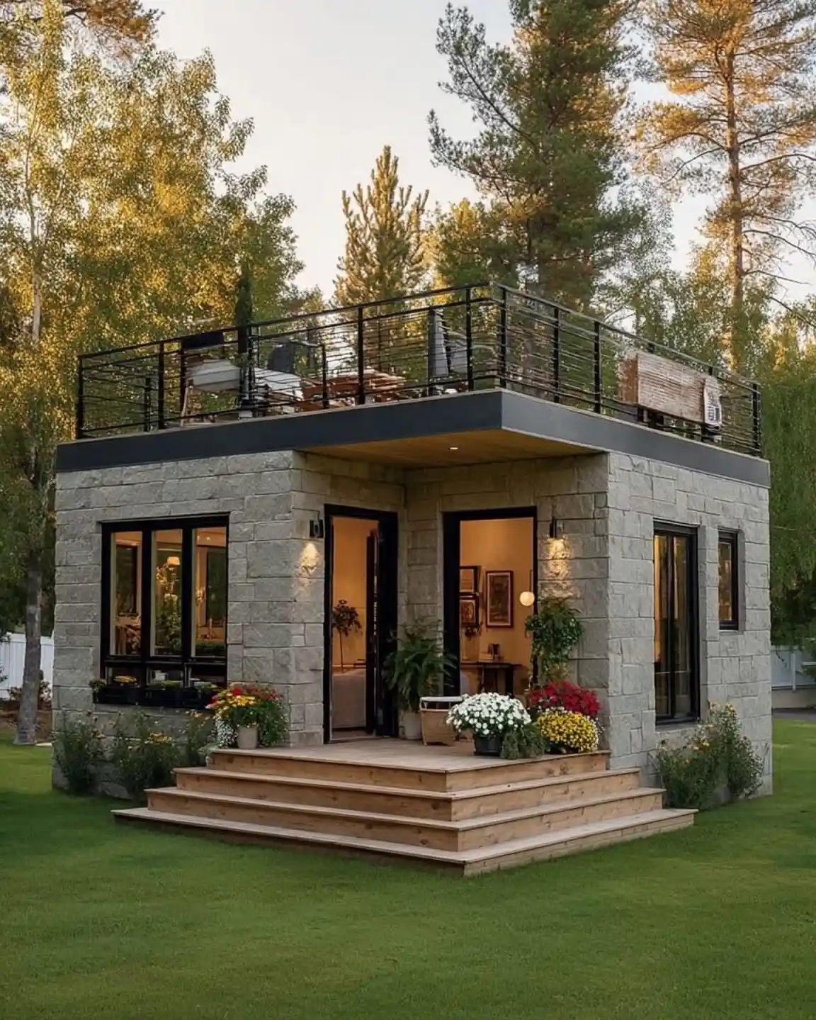 18. Stone Cube With a Rooftop Terrace and Black Rail
