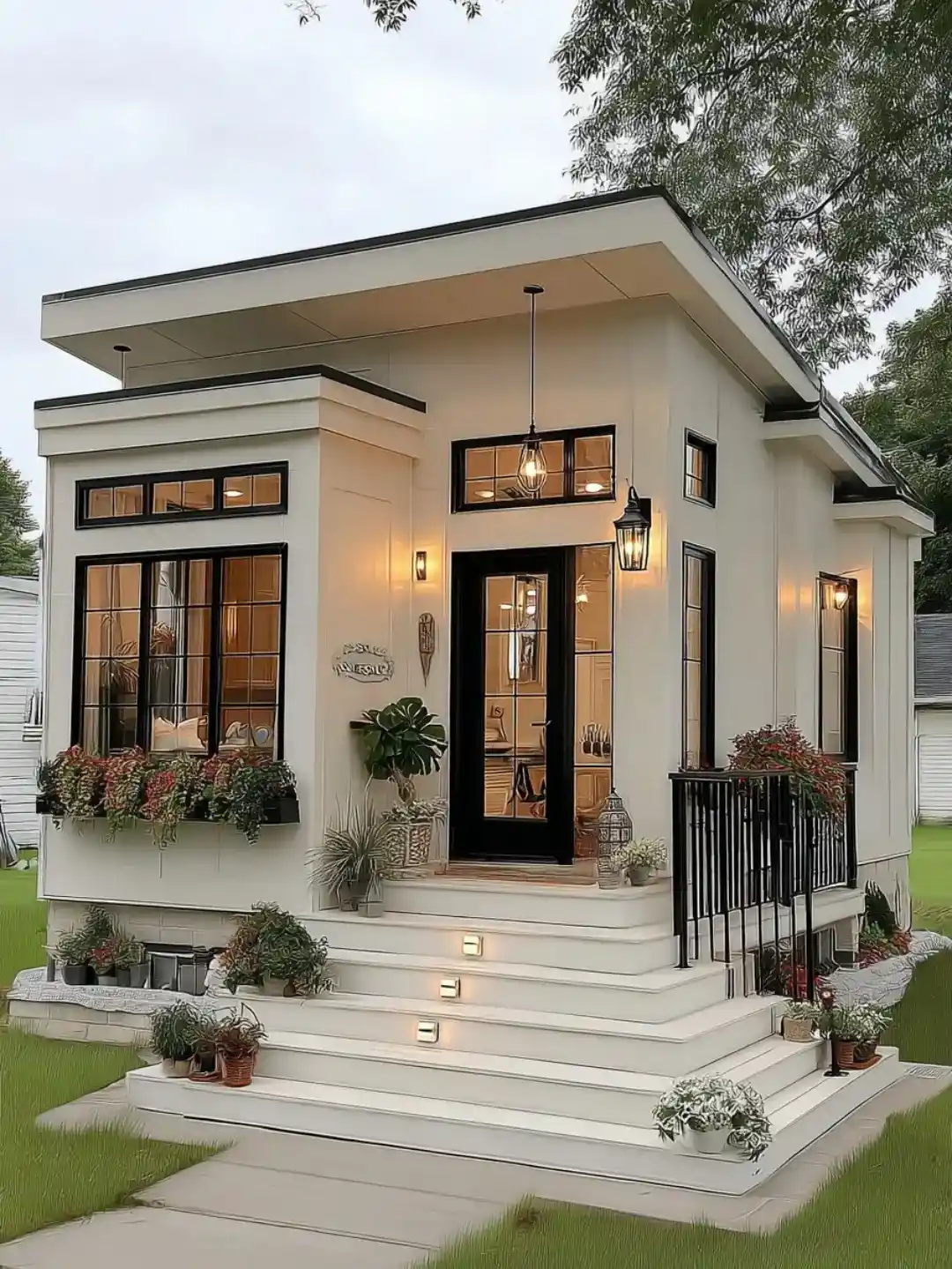 16. Modern Cream Tiny House with Flat Roof and Illuminated Steps