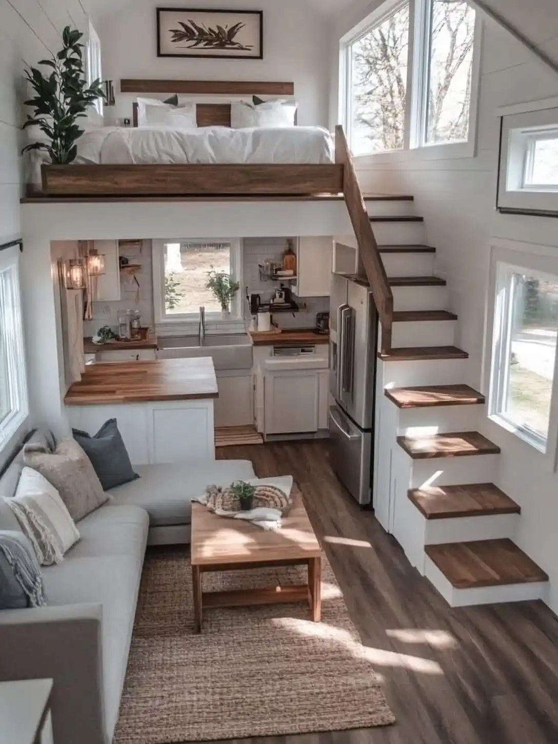 15 Tiny House Decor Ideas That Make Small Spaces Look Stylish 12 11. Deep Walnut Stain on a Bright White Base