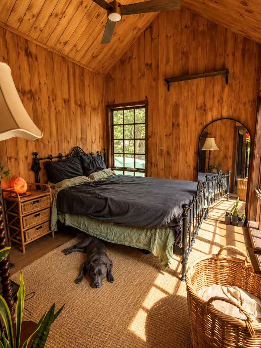 15 Tiny House Decor Ideas That Make Small Spaces Look Stylish 4 3. Pine Cabin Bedroom With a Black Iron Bed