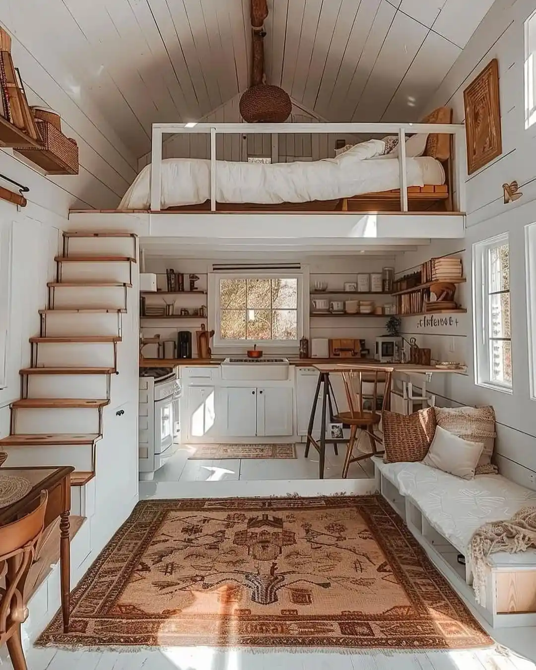 15 Tiny House Decor Ideas That Make Small Spaces Look Stylish 6 5. White Shiplap Loft With a Terracotta Rug