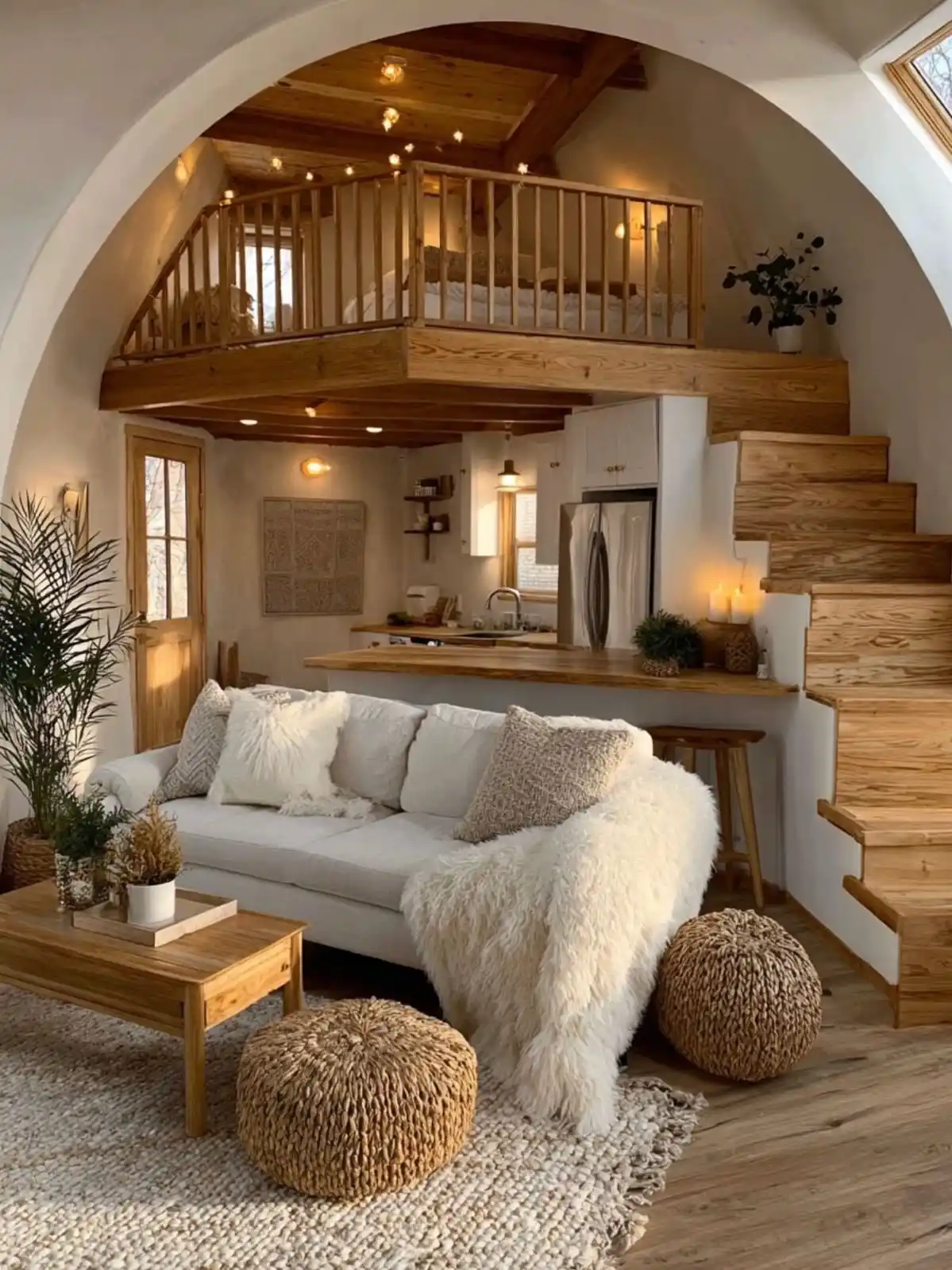 15 Tiny House Decor Ideas That Make Small Spaces Look Stylish 8 7. Arched Loft With a Woven and Wool Living Zone