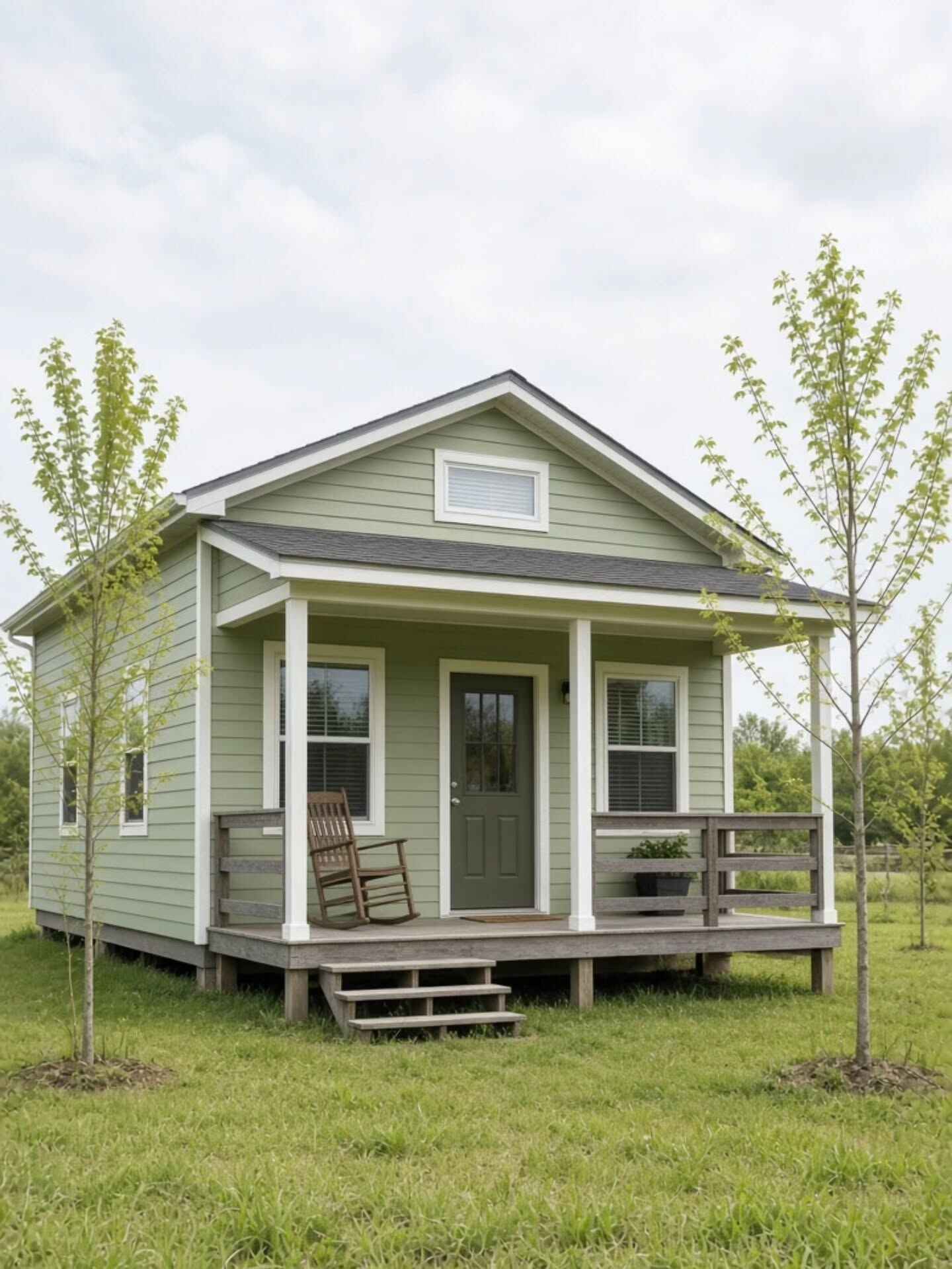 14. Sage Green Tiny House with Weathered Wood Porch