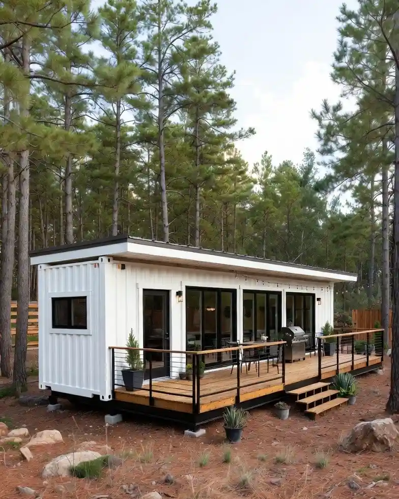 17. White Container Home in a Pine Forest