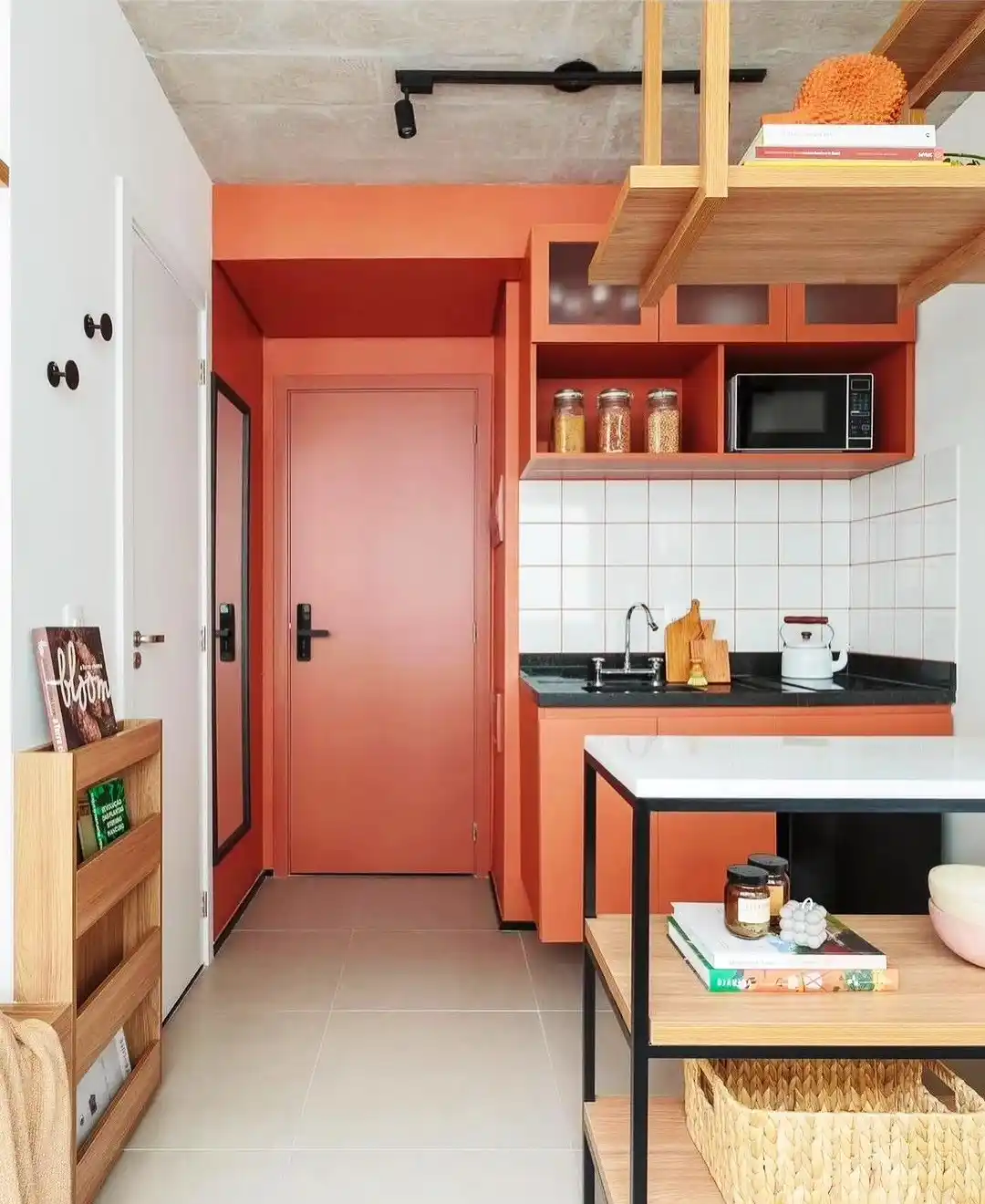 15 Tiny House Kitchen Ideas With Full-Size Function 12 Terracotta Cabinets With a Freestanding Island Cart
