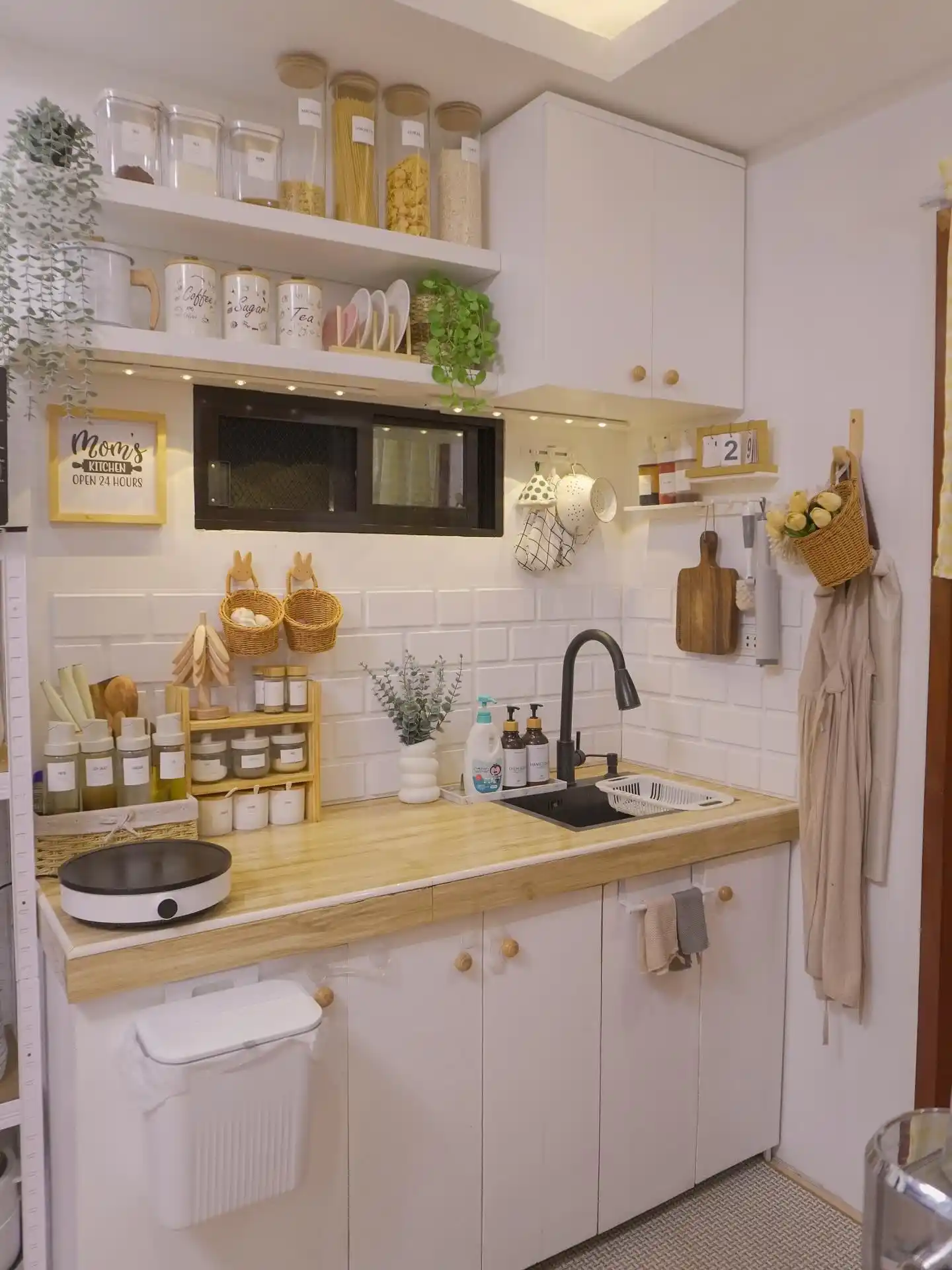 15 Tiny House Kitchen Ideas With Full-Size Function 15 Kitchenette With an Induction Plate and Smart Hooks