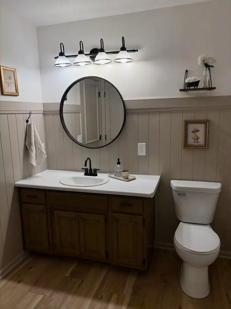 15 Farmhouse Bathroom Ideas on a Budget 4 Paint Vertical Wainscoting Around an Old Wood Vanity
