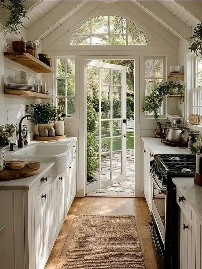 15 Tiny House Kitchen Ideas With Full-Size Function 9 Garden Door Galley With Marble Counters