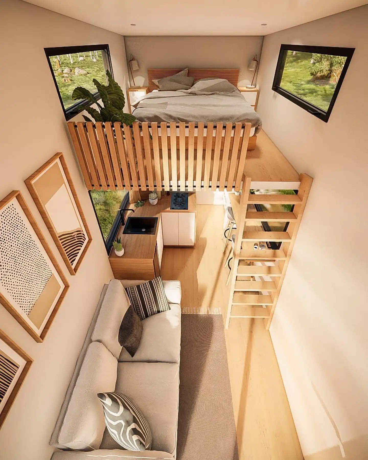 Slatted Wood Mezzanine Above the Kitchen