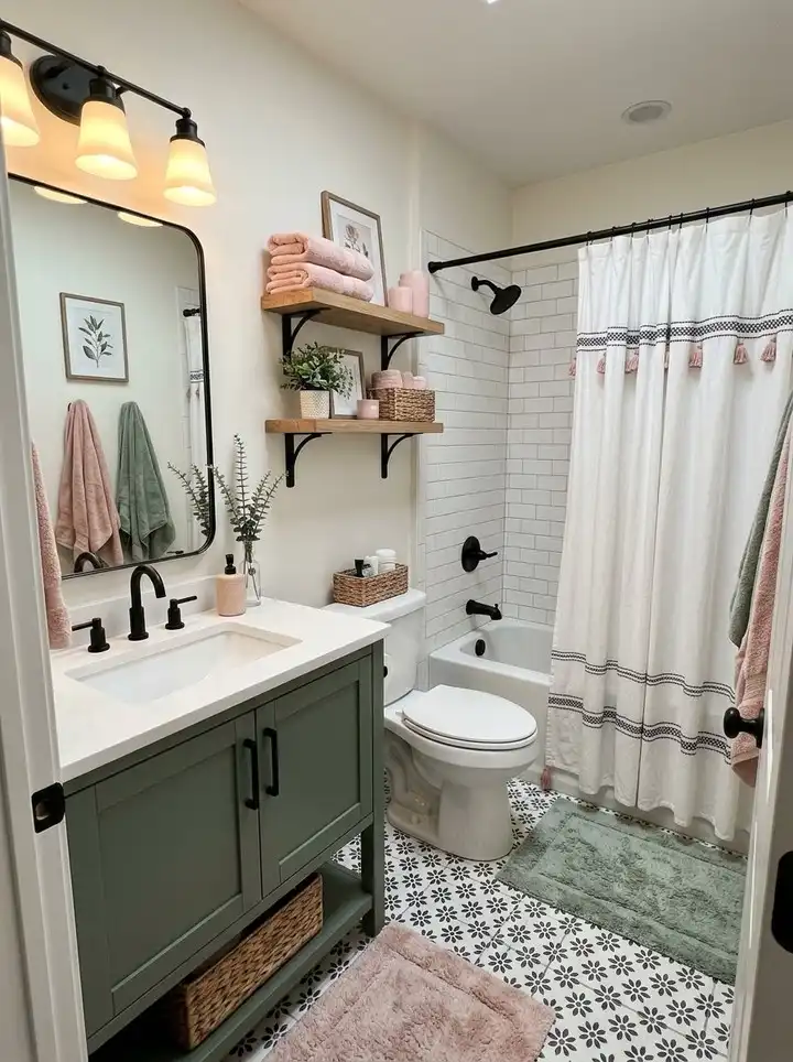15 Farmhouse Bathroom Ideas on a Budget 5 Mix Sage Green and Blush for a Soft Farmhouse Palette