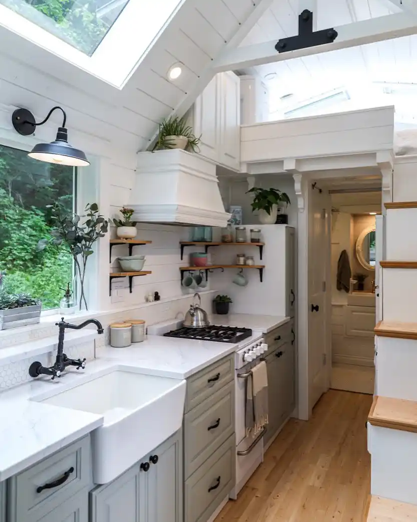 15 Tiny House Kitchen Ideas With Full-Size Function 4 Farmhouse Sink and Full Range Under a Skylight