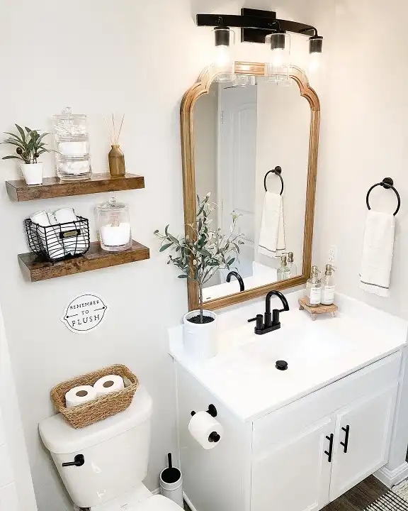 15 Farmhouse Bathroom Ideas on a Budget 3 Stack Rustic Floating Shelves Above the Toilet