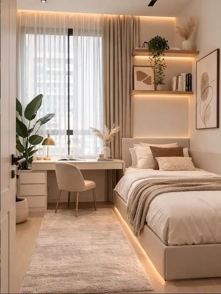 Glowing Upholstered Bed With a Window Desk