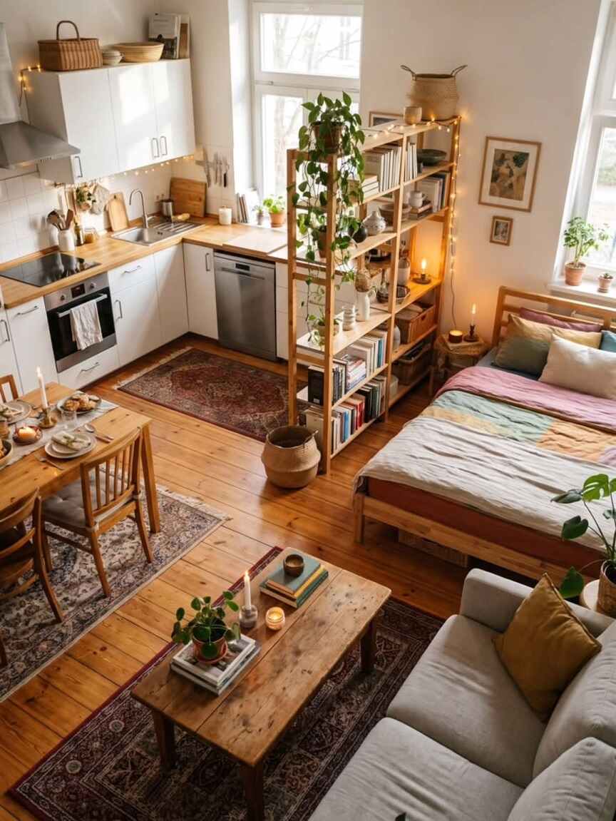 15 Tiny House Decor Ideas That Make Small Spaces Look Stylish 14 13. Open Shelving as a Room Divider